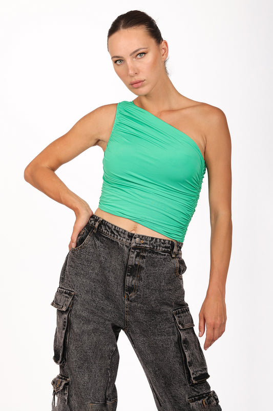 GREEN ONE-SHOULDER SHIRRED TOP